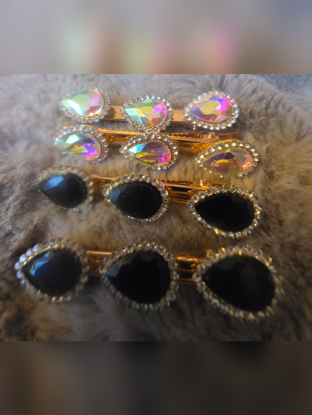 Gold Tone Teardrop Hair Clips with Aurora Borealis and Black Stones